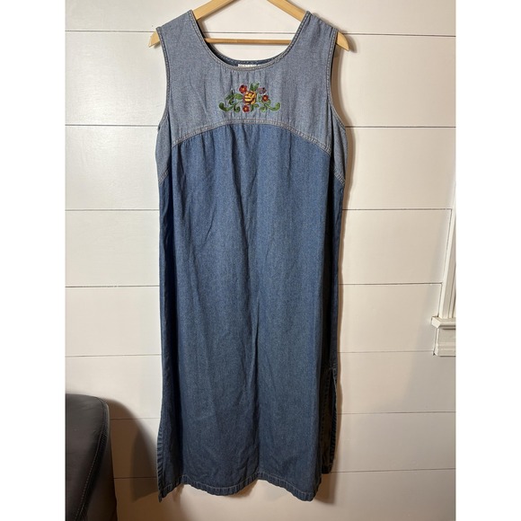 Roamans Denim Dress Womens 20 Blue Sleeveless Embroidered Long Jean Casual - Picture 1 of 5